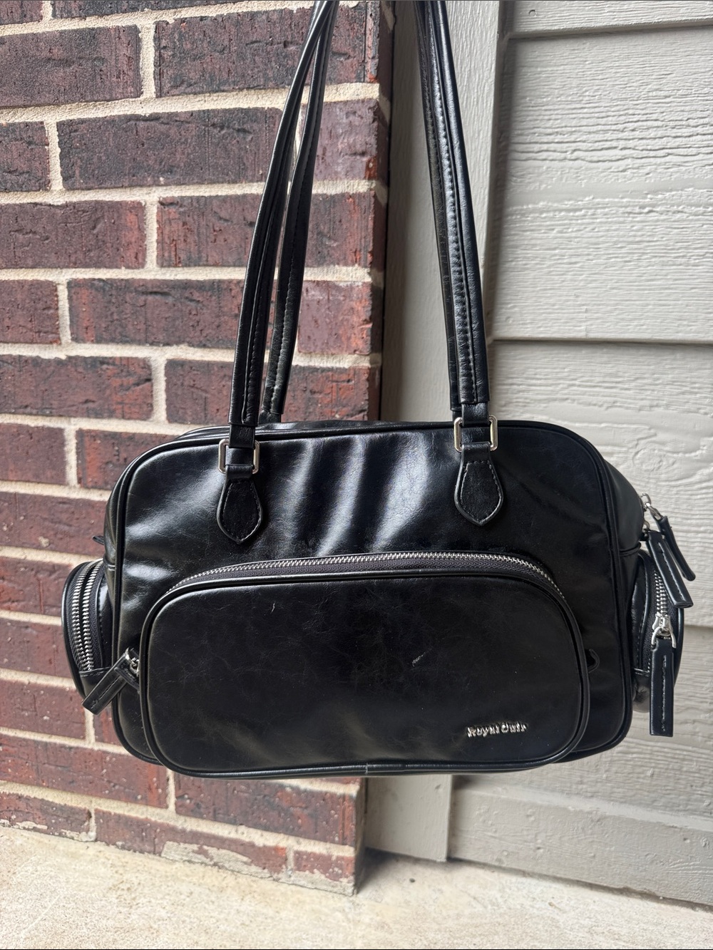 Black faux Leather Double-Strap Shoulder Bag